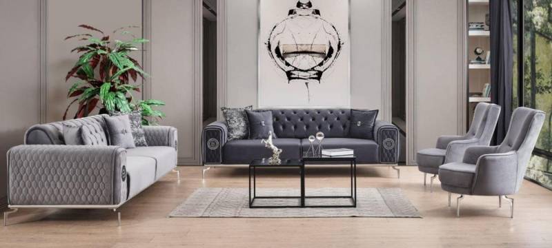 JVmoebel Wohnzimmer-Set Couchgarnitur Chesterfield Dreisitzer Sessel Grau Stoffsofas 4tlg Set, (4-St., 2x 3-Sitzer + 2x Sessel ohne Couchtisch), Made in Europa von JVmoebel