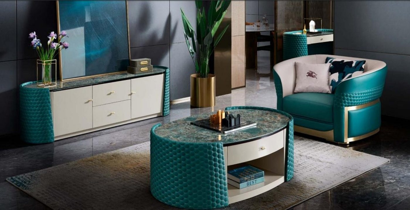 JVmoebel Wohnzimmer-Set Couchtisch Unterschrank Holz Leder Turkis Modern Neu 2tlg. Design, (2-St., Wohnzimmer-Set 2tlg), Made in Europa von JVmoebel