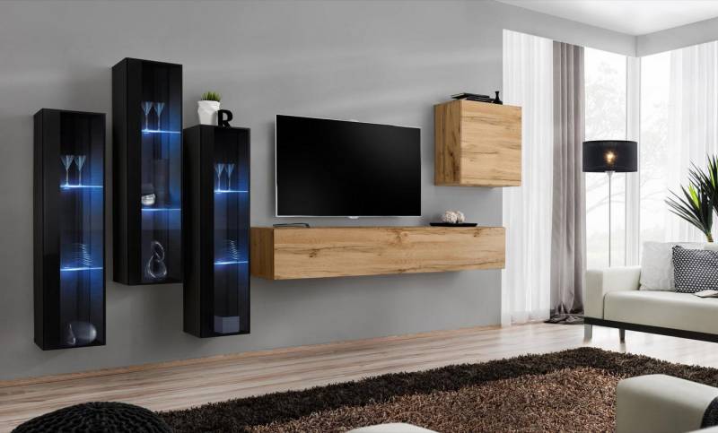 JVmoebel Wohnwand Design Wohnwand in Braun mit TV-Ständer und Schrank aus Holz, (6-St., 1x Wohnwand + 1x TV Ständer + 4x Wandschrank), Made in Europa von JVmoebel
