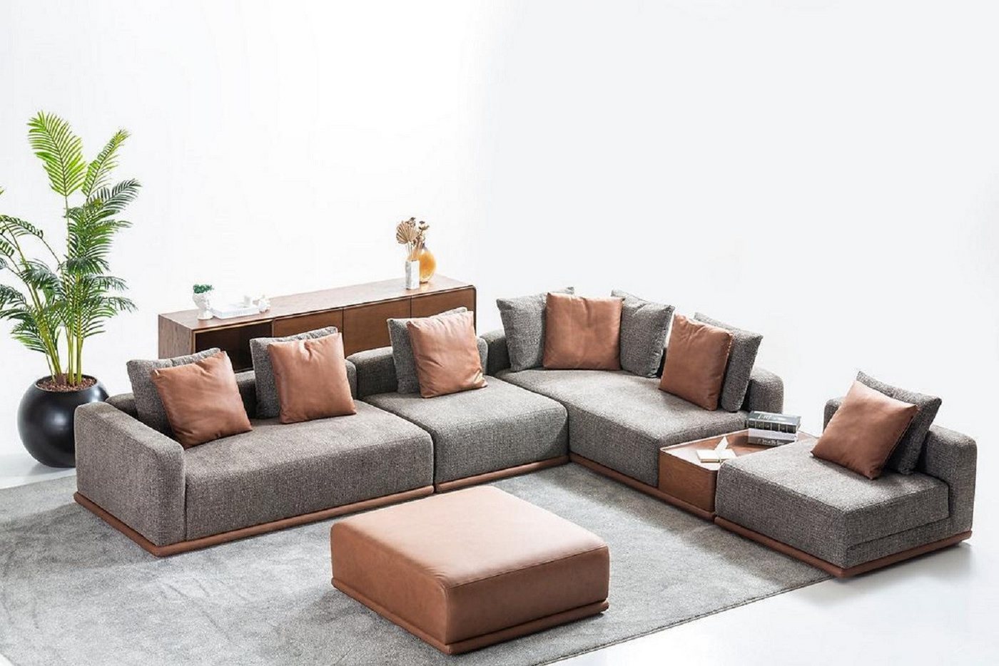 JVmoebel Wohnzimmer-Set Designer Graue L-Form Couch Wohnzimmer Eck Wohnlandschaft Hocker 2tlg, (2-St., 1x Ecksofa L-Form + 1x Hocker), Made in Europa von JVmoebel