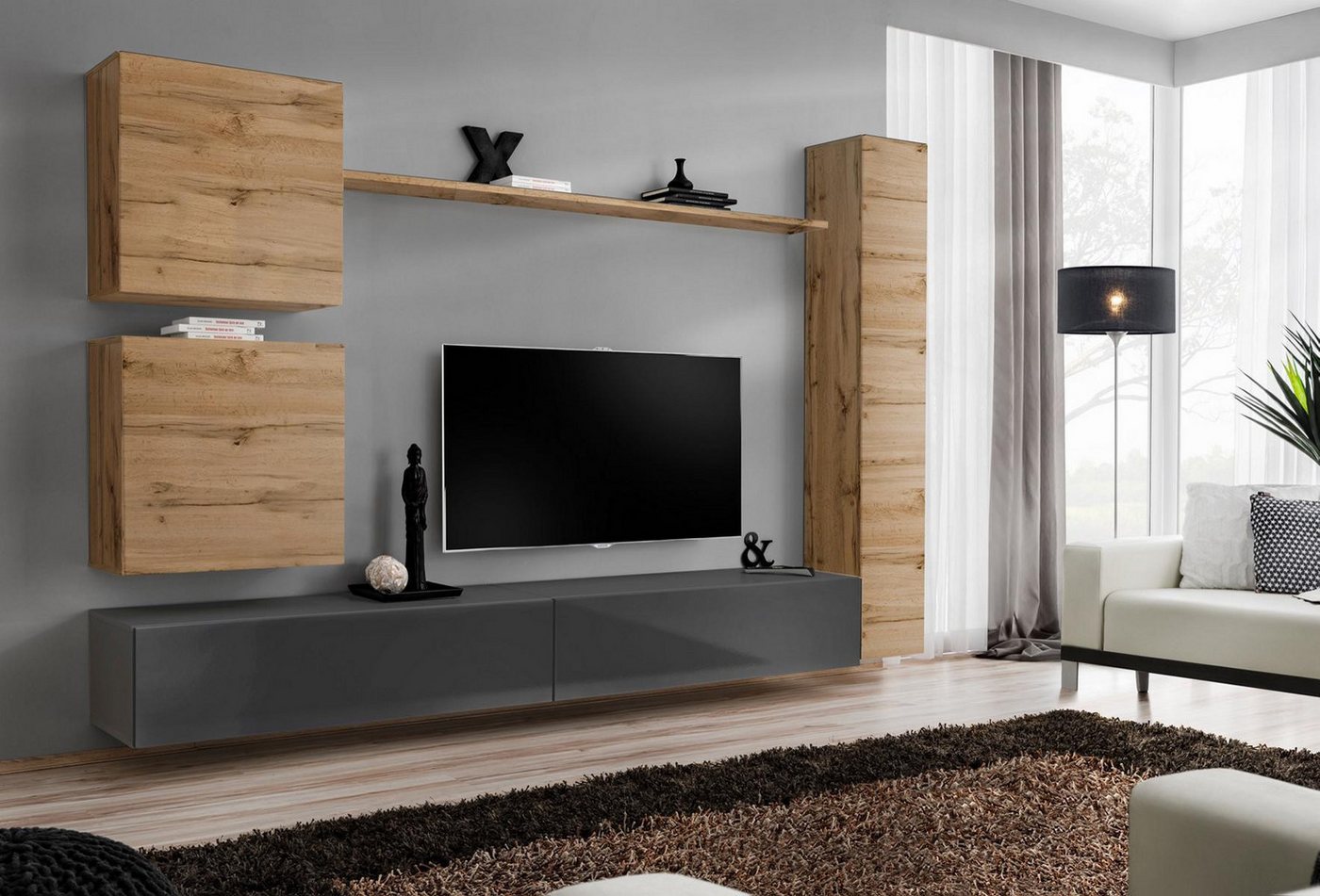 JVmoebel Wohnzimmer-Set Designer Holz Wandschrank Set Braun Luxus Möbel Einrichtung, (7-St., 1x Wohnwand + 2x TV Ständer + 3x Wandschrank + 1x Wandregal), Made in Europa von JVmoebel