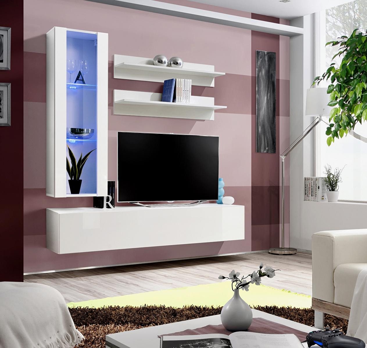 JVmoebel Wohnzimmer-Set Designer Lowboard Möbel Set 4-teilig für TV und Einrichtung, (5-St., 1x Wohnwand + 1x TV Ständer + 1x Hänge Vitrine + 2x Wandregale), Made in Europa von JVmoebel