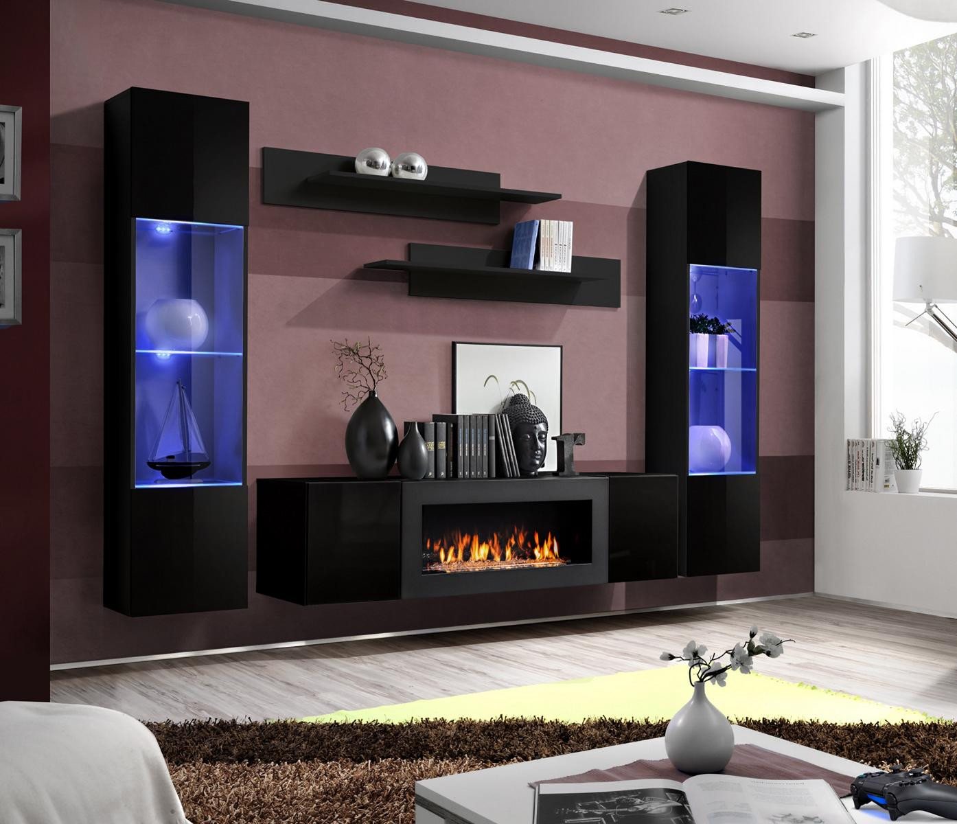 JVmoebel Wohnzimmer-Set Designer Schwarz Wohnwand Holzmöbel Hänge Vitrine Luxus, (6-St., 1x Wohnwand+1x Sideboard Mit Kamin+2x Hänge Vitrine+2x Wandregal), Made in Europa von JVmoebel