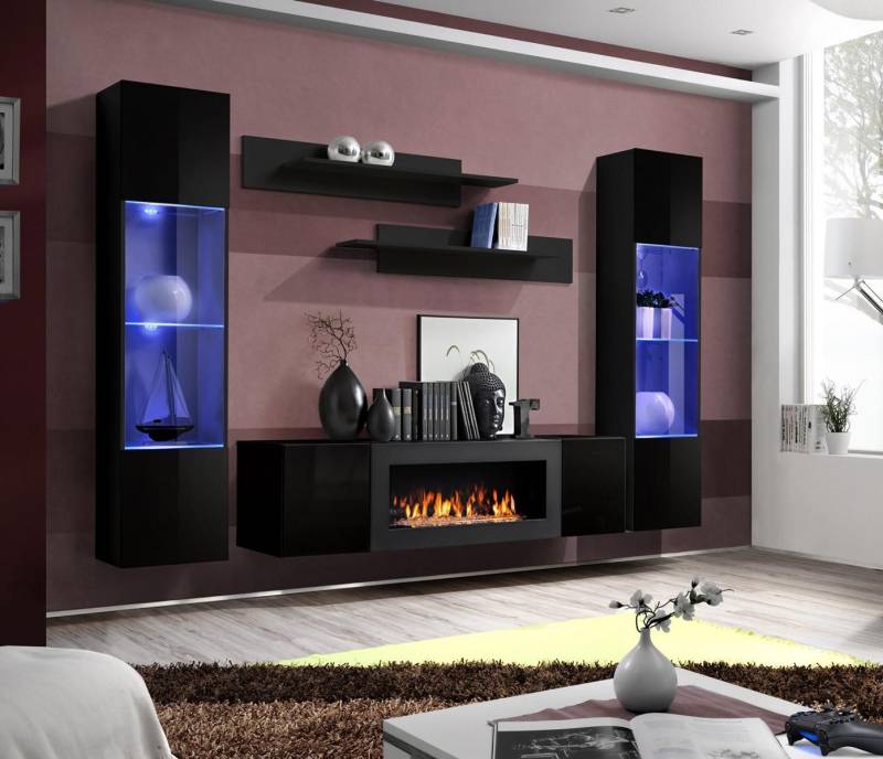 JVmoebel Wohnzimmer-Set Designer Schwarz Wohnwand Holzmöbel Hänge Vitrine Luxus, (6-St., 1x Wohnwand+1x Sideboard Mit Kamin+2x Hänge Vitrine+2x Wandregal), Made in Europa von JVmoebel