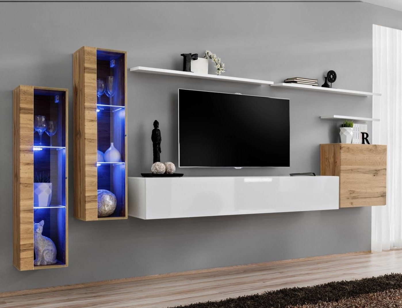 JVmoebel Wohnwand Designer TV-Bank für Wohnzimmer – modernes Luxus Lowboard, (8-St., 1x Wohnwand + 1x TV Ständer + 3x Wandschrank + 3x Wandregal), Made in Europa von JVmoebel