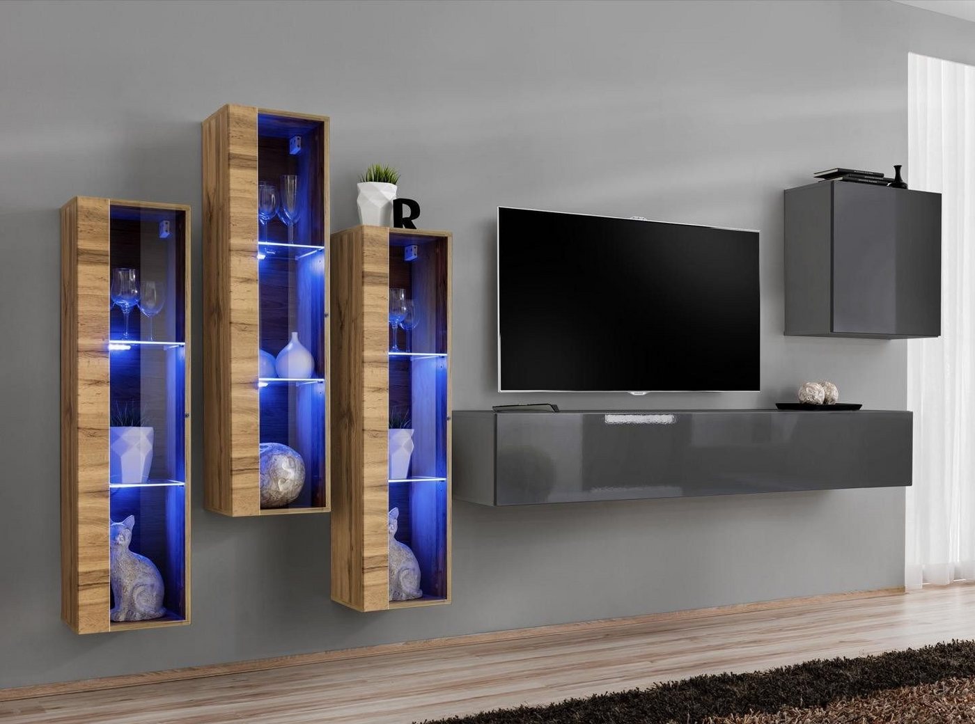 JVmoebel Wohnwand Designer TV-Bank in Hochglanz Grau für das Wohnzimmer – Luxus-Wohnwand, (6-St., 1x Wohnwand + 1x TV Ständer + 4x Wandschrank), Made in Europa von JVmoebel