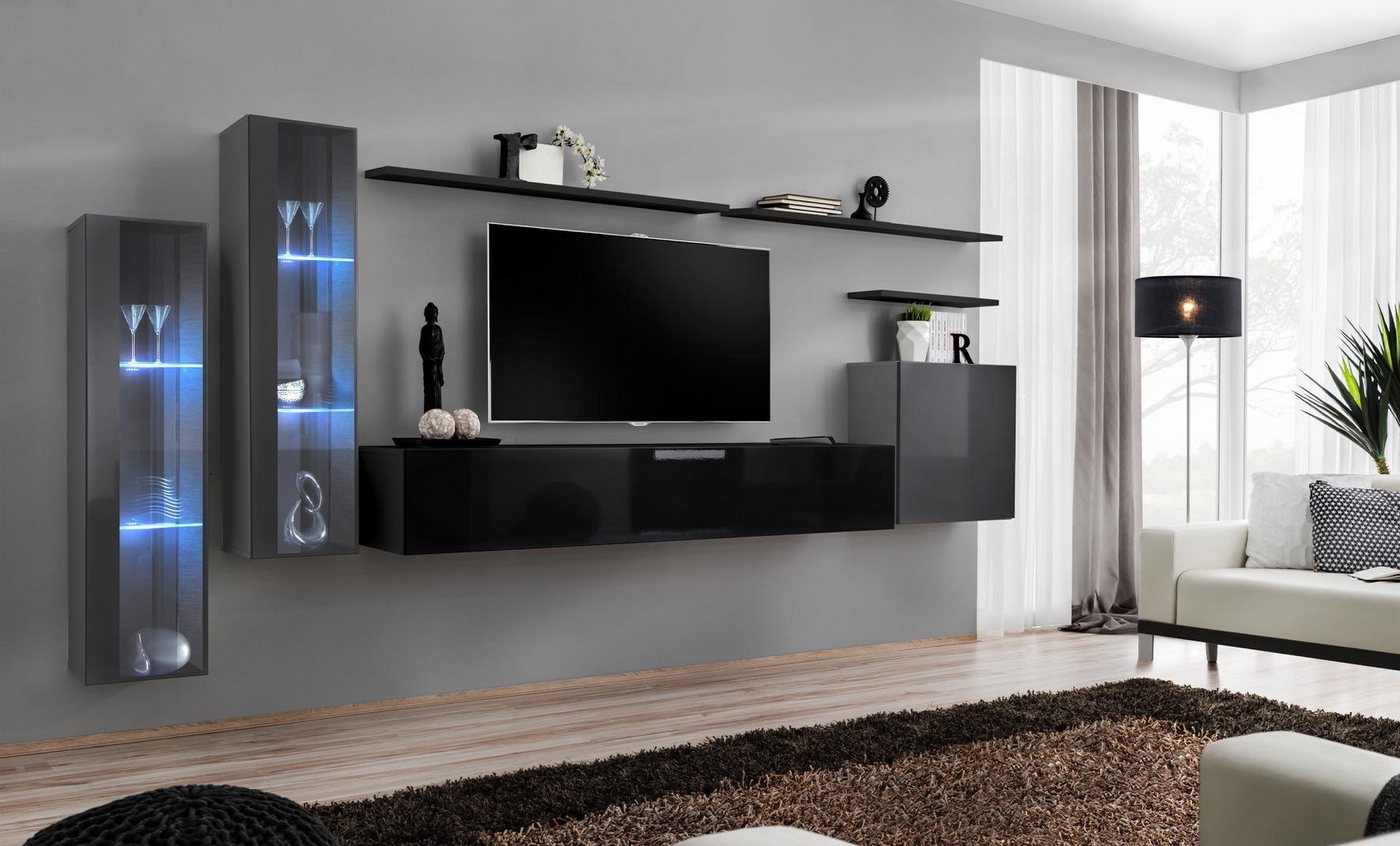JVmoebel Wohnwand Designer TV-Möbelset in Schwarz - Wandschrank & Sideboard, (2-St., 1x Wohnwand + 1x TV Ständer + 3x Wandschrank + 3x Wandregal), Made in Europa von JVmoebel
