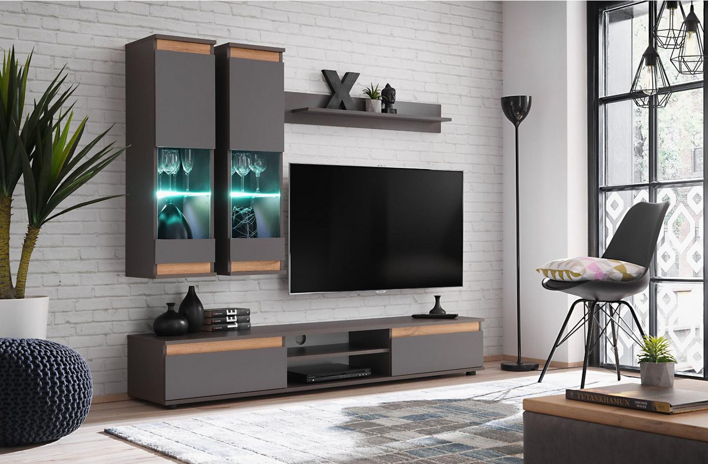 JVmoebel Wohnwand Designer TV Ständer aus Holz in Grau – Luxuriöse Wohnwand Möbel, (4-St., TV-Ständer/Regal/2x Wandschrank), Made in Europa von JVmoebel