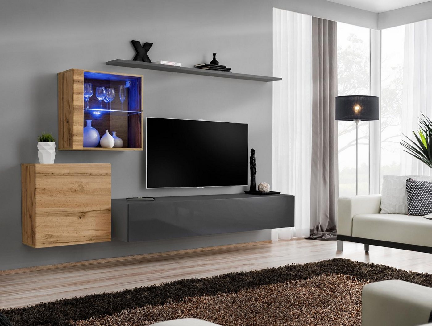 JVmoebel Wohnzimmer-Set Designer Wandregal Set für luxuriöse Wohnzimmermöbel, (5-St., 1x Wohnwand + 1x TV Ständer + 2x Wandschrank + 1x Wandregal), Made in Europa von JVmoebel