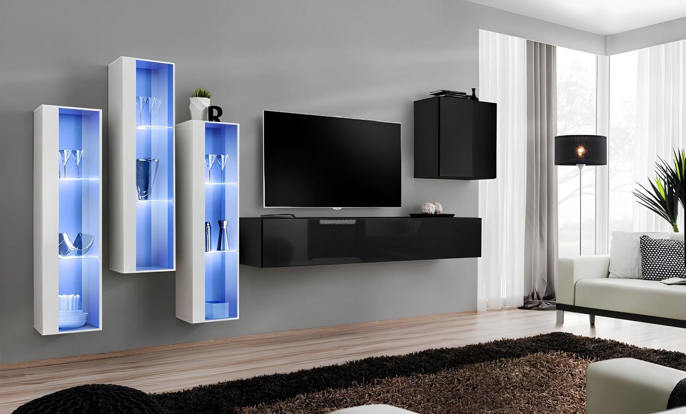 JVmoebel Wohnzimmer-Set Designer Wandschrank Set in Schwarz – 5-teiliges TV Möbel Set, (6-St., 1x Wohnwand + 1x TV Ständer + 4x Wandschrank), Made in Europa von JVmoebel