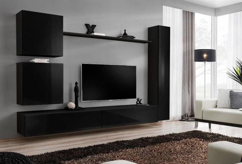 JVmoebel Wohnzimmer-Set Designer Wandschrank Set in Schwarz – 6-teiliges Luxus Möbelset, (7-St., 1x Wohnwand + 2x TV Ständer + 3x Wandschrank + 1x Wandregal), Made in Europa von JVmoebel