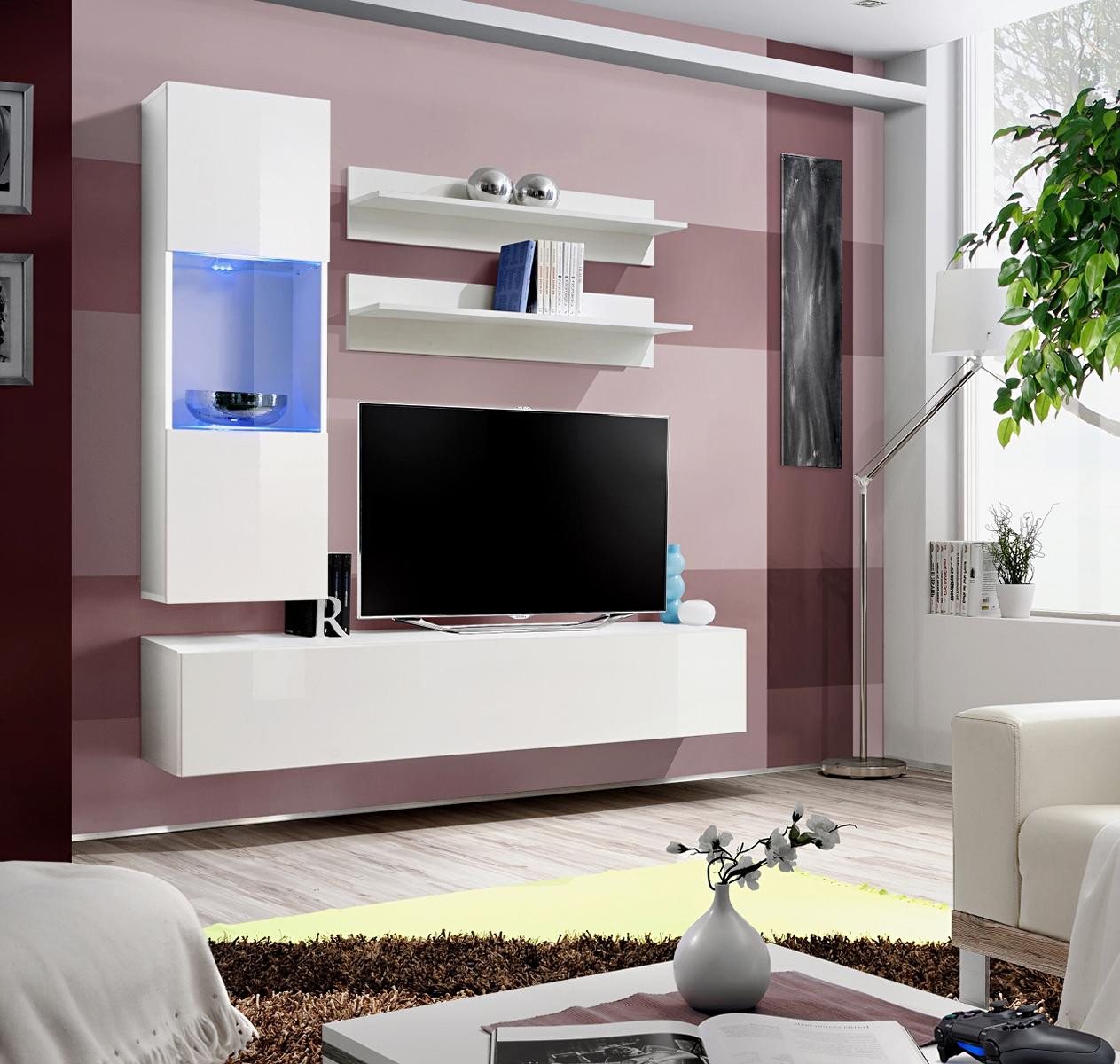 JVmoebel Wohnzimmer-Set Designer Wohnkombination mit TV-Ständer, Lowboard und Vitrine aus Holz, (5-St., 1x Wohnwand + 1x TV Ständer + 1x Hänge Vitrine + 2x Wandregale), Made in Europa von JVmoebel