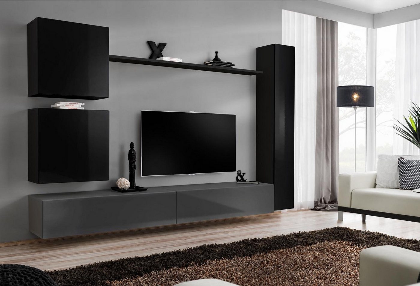 JVmoebel Wohnwand Designer Wohnwand Set für das Wohnzimmer - 6 Teile Wandschrank, (7-St., 1x Wohnwand + 2x TV Ständer + 3x Wandschrank + 1x Wandregal), Made in Europa von JVmoebel