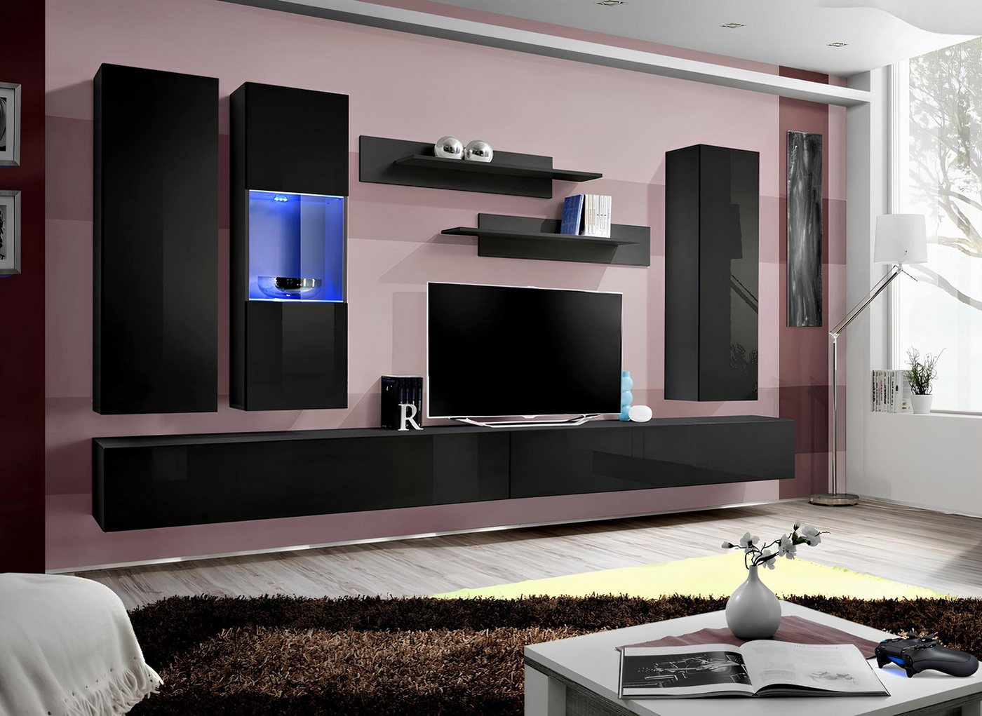 JVmoebel Wohnwand Designer Wohnwand Set für das Wohnzimmer mit TV-Ständer, (8-St., 1x Wohnwand+2x TV Ständer+1x Hänge Vitrine+2x Wandschrank+2x Wandregal), Made in Europa von JVmoebel