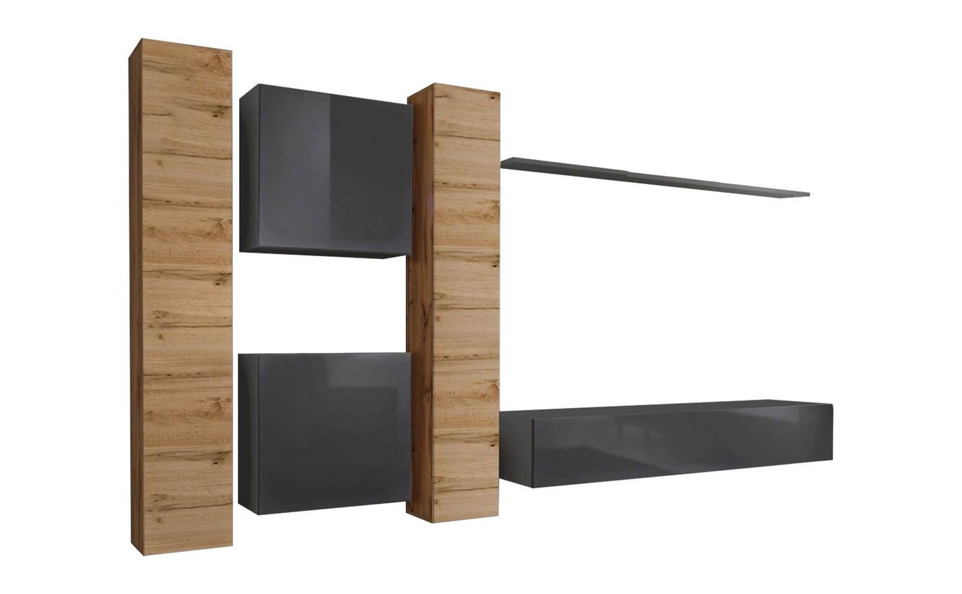 JVmoebel Wohnzimmer-Set Designer Wohnwand Wand Regale Holzmöbel Wohnzimmer Luxus Holz, (7-St., 1x Wohnwand + 1x TV Ständer + 4x Wandschrank + 1x Wandregal), Made in Europa von JVmoebel