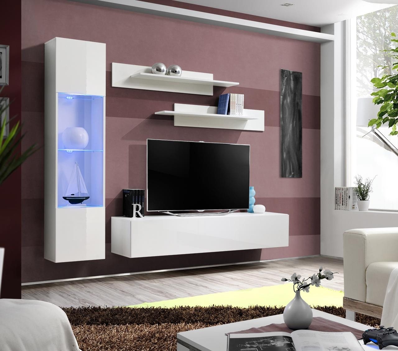 JVmoebel Wohnwand Designer Wohnwand Weiß - Luxuriöse TV Möbel mit Hänge-Vitrine, (5-St., 1x Wohnwand + 1x TV Ständer + 1x Hänge Vitrine + 2x Wandregale), Made in Europa von JVmoebel