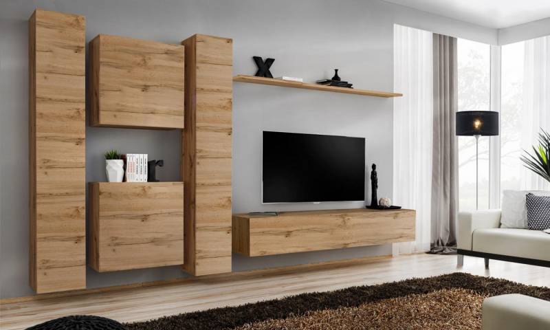 JVmoebel Wohnwand Designer Wohnwand aus Holz mit Wandregal für das Wohnzimmer, (7-St., 1x Wohnwand + 1x TV Ständer + 4x Wandschrank + 1x Wandregal), Made in Europa von JVmoebel