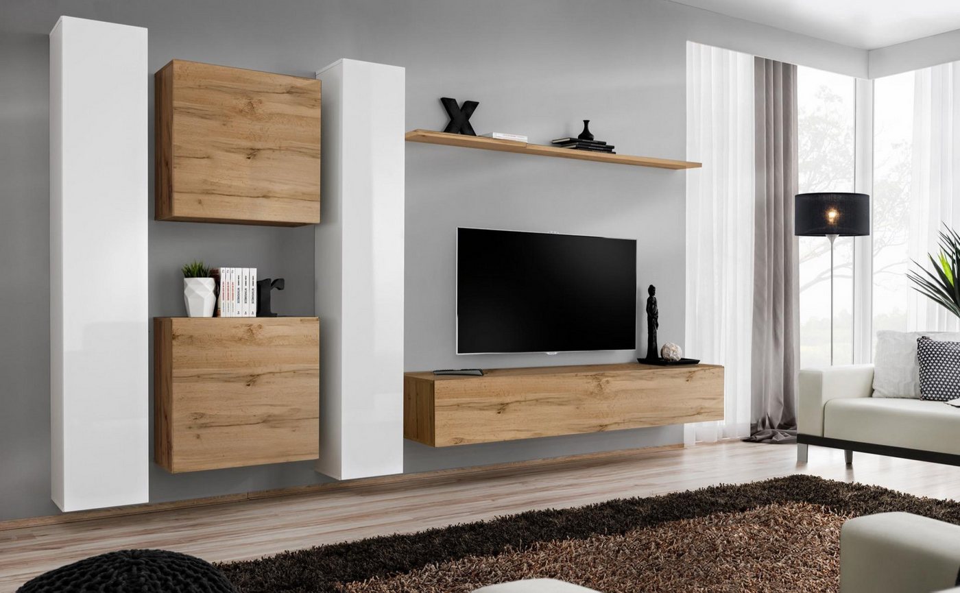 JVmoebel Wohnzimmer-Set Designer Wohnwand für das Wohnzimmer, neue braune Möbelstücke, (7-St., 1x Wohnwand + 1x TV Ständer + 4x Wandschrank + 1x Wandregal), Made in Europa von JVmoebel