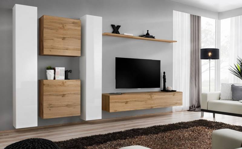 JVmoebel Wohnzimmer-Set Designer Wohnwand für das Wohnzimmer, neue braune Möbelstücke, (7-St., 1x Wohnwand + 1x TV Ständer + 4x Wandschrank + 1x Wandregal), Made in Europa von JVmoebel