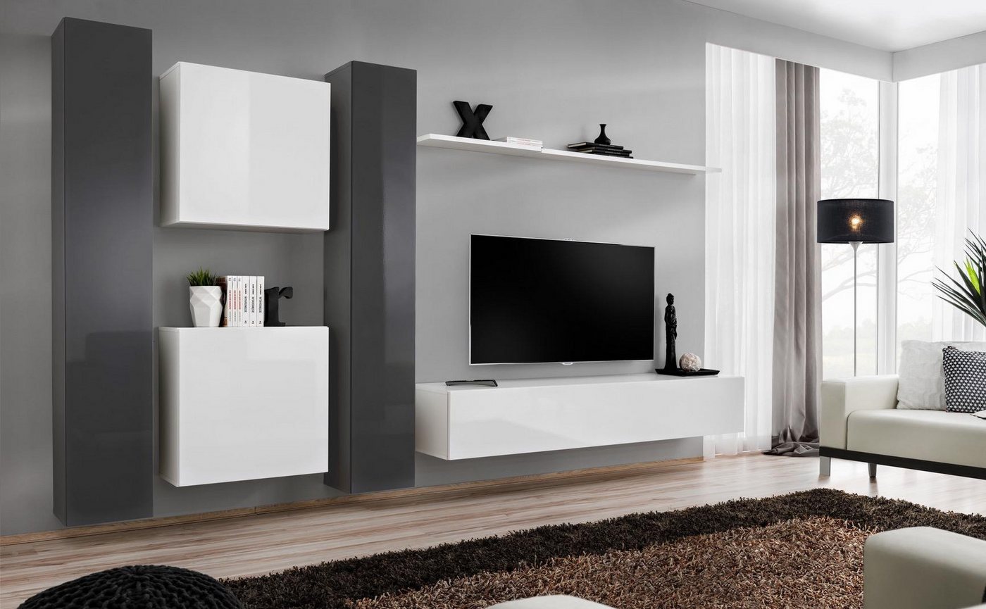 JVmoebel Wohnwand Designer Wohnwand in Weiß – Komplettes Wohnzimmermöbel Set, (7-St., 1x Wohnwand + 1x TV Ständer + 4x Wandschrank + 1x Wandregal), Made in Europa von JVmoebel