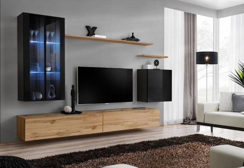 JVmoebel Wohnwand Designer Wohnwand mit Hänge Vitrine und Wandschrank für TV, (8-St., 1x Wohnwand + 2x TV Ständer + 3x Wandschrank + 2x Wandregal), Made in Europa von JVmoebel