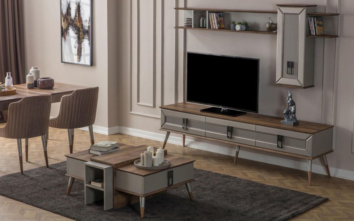 JVmoebel Wohnzimmer-Set Designer Wohnzimmer Garnitur TV-Ständer Holz Regale Couchtisch RTV Neu, (3-St., 1x TV Ständer+1x Regal+1x Couchtisch), Made in Europa von JVmoebel