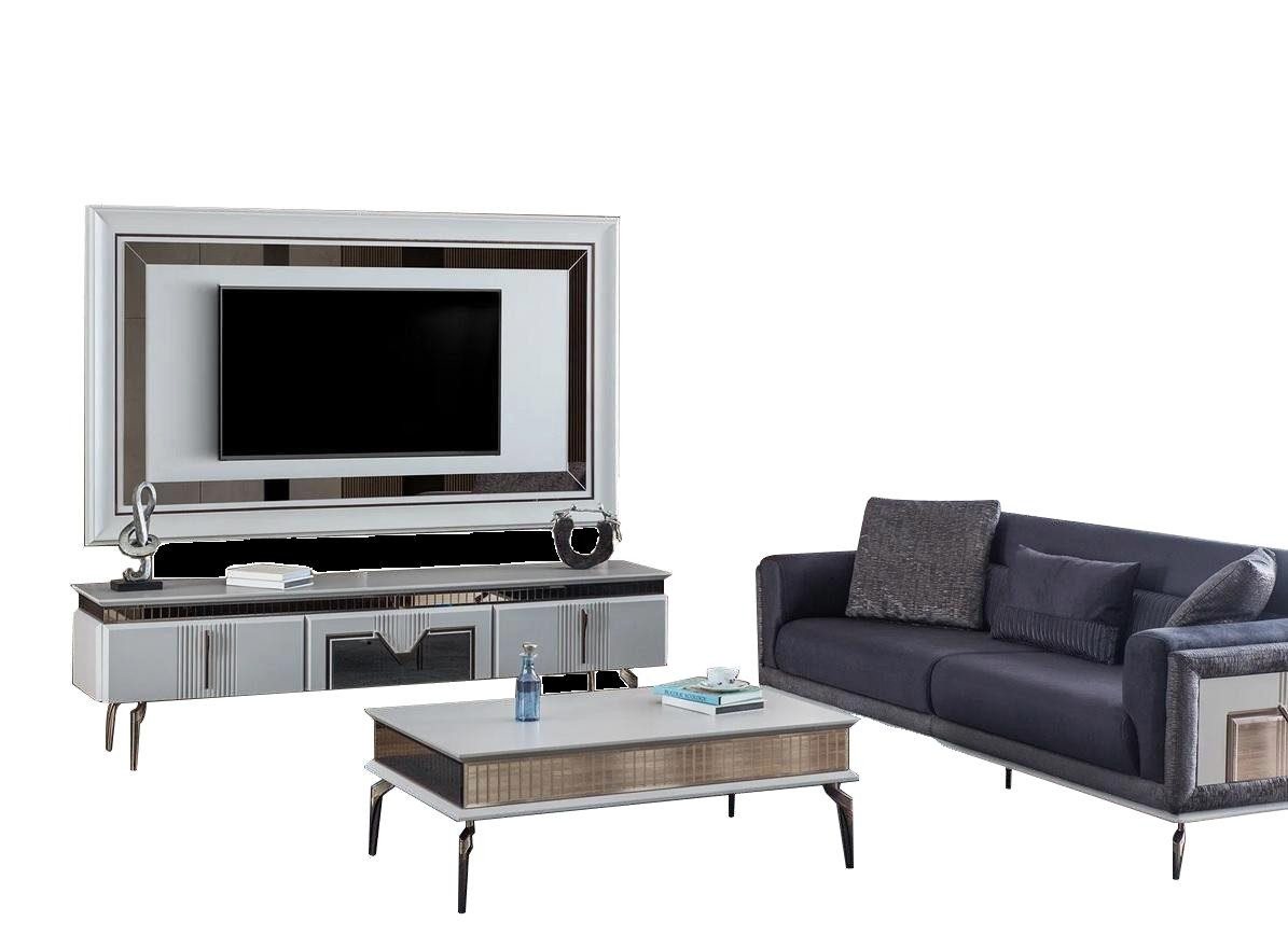 JVmoebel Wohnzimmer-Set Designer Wohnzimmer Set 4tlg. Polstersofa TV Ständer Couchtisch Tische, (4-St., 1x 3-Sitzer + 1x TV Ständer + 1x TV-Wandpaneel + 1x Couchtisch), Made in Europa von JVmoebel