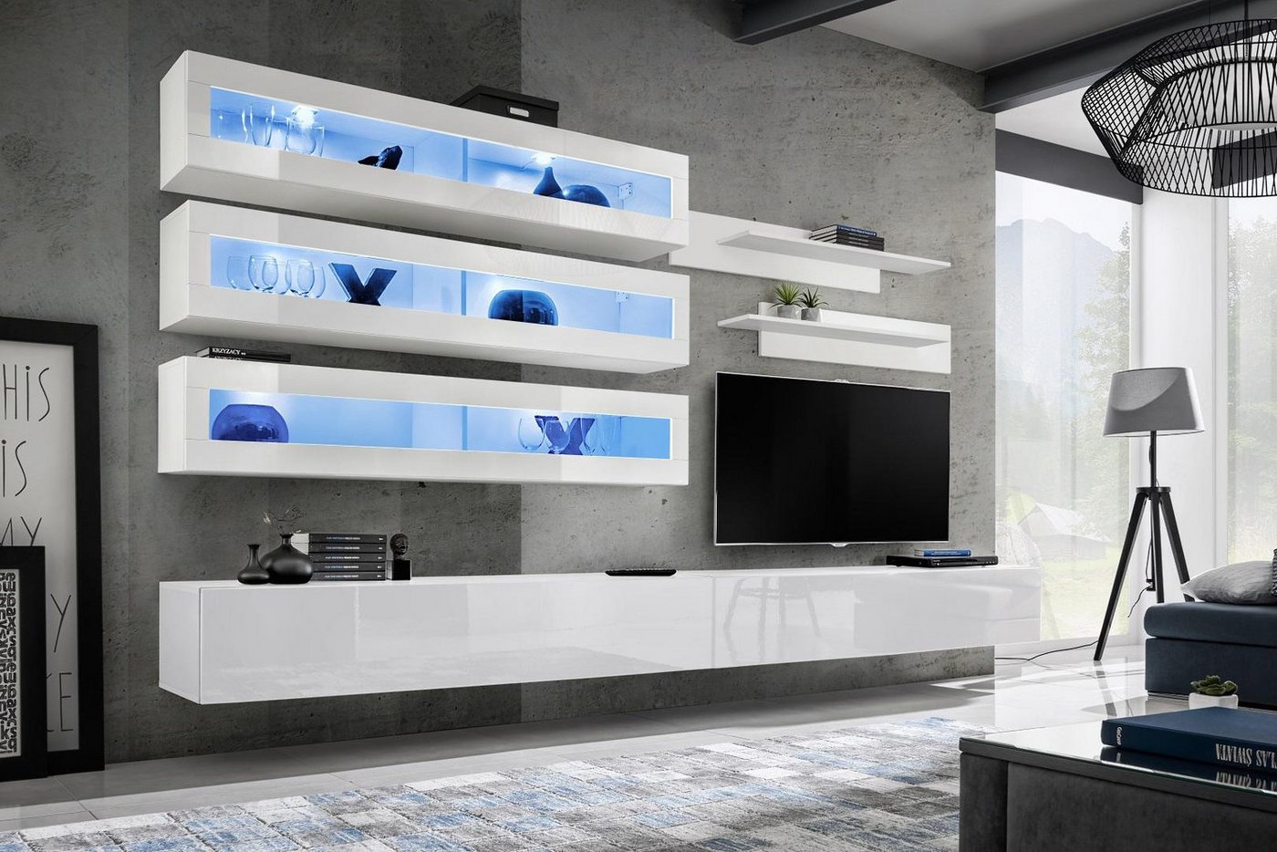 JVmoebel Wohnwand Designer Wohnzimmer Set 8-teilig Wohnwand TV-Ständer im Set, (8-St., 1x Wohnwand + 2x TV Ständer + 3x Wandschrank + 2x Wandregal), Made in Europa von JVmoebel