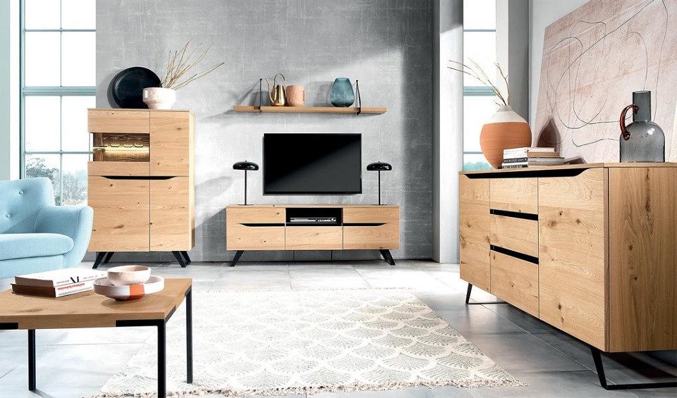 JVmoebel Wohnzimmer-Set DesignerWohnwand Modern Holzmöbel TV-Lowboard Wohnzimmer Set 4tlg, (4-St., Sideboard), Made in Europa von JVmoebel