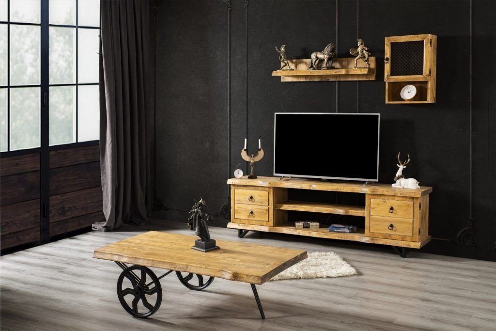 JVmoebel Wohnzimmer-Set Echt Holz Wohnwand Luxus in Braun mit Couchtisch auf Rädern, (2-St., TV-Ständer, Wandregal 2x), Made in Europa von JVmoebel