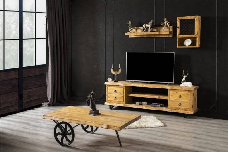 JVmoebel Wohnwand Echt Holz Wohnwand Luxus in Braun mit Couchtisch auf Rädern, (2-St., TV-Ständer, Wandregal 2x), Made in Europa von JVmoebel