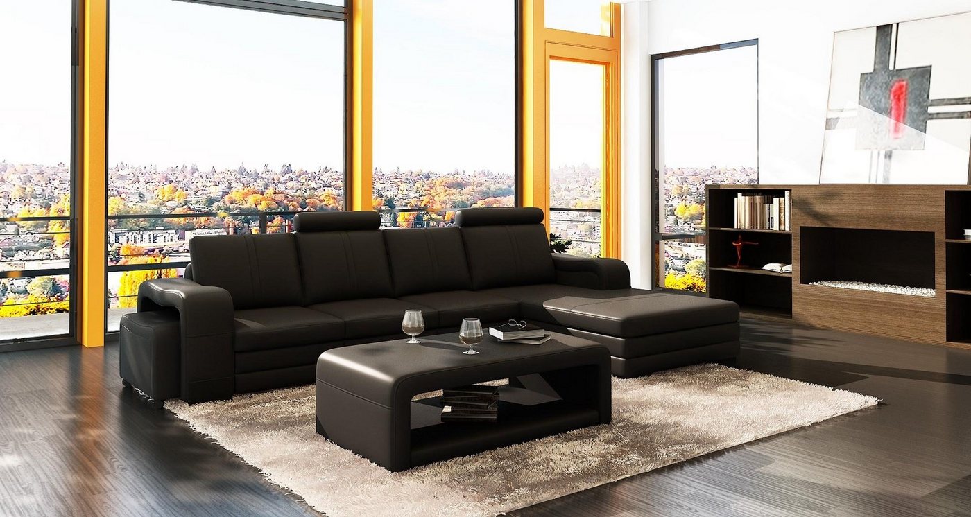 JVmoebel Wohnzimmer-Set Ecksofa Sofa 3tlg. Couch Tisch Hocker Leder Couchen Landschaft von JVmoebel