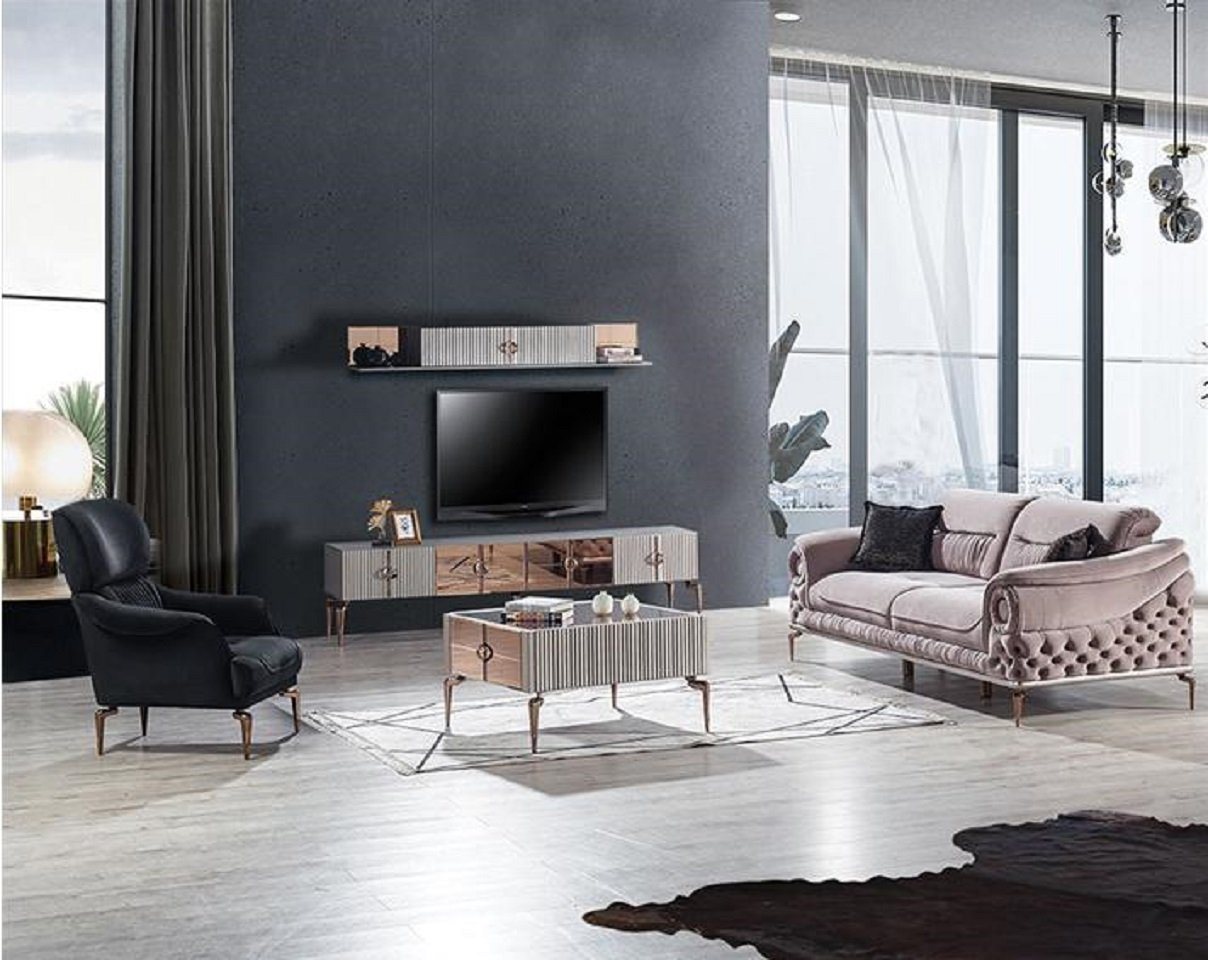 JVmoebel Wohnzimmer-Set Edle Wohnzimmer Garnitur Luxus Sofa Designer Sessel TV-Lowboard, (5-St., Sofa 3 Sessel + Couchtisch + TV Lowboard + Regal), Made in Europa von JVmoebel