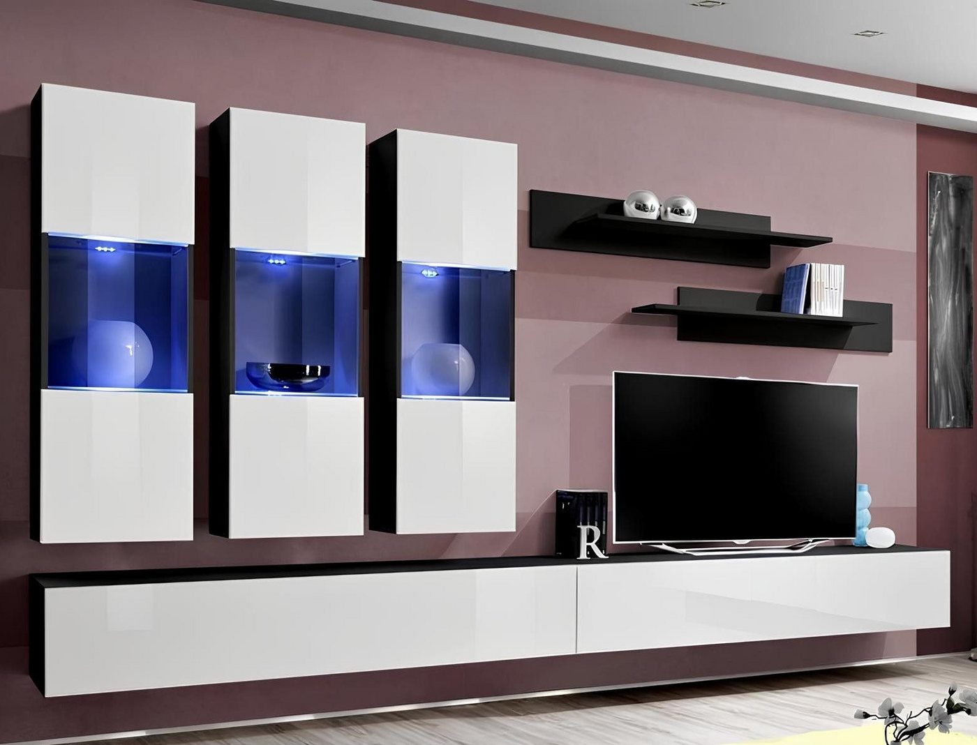 JVmoebel Wohnzimmer-Set Elegante Designer TV Wand mit Regal für luxuriösen Wohnraum, (8-St., 1x Wohnwand + 2x TV Ständer + 3x Hänge Vitrine + 2x Wandregale), Made in Europa von JVmoebel