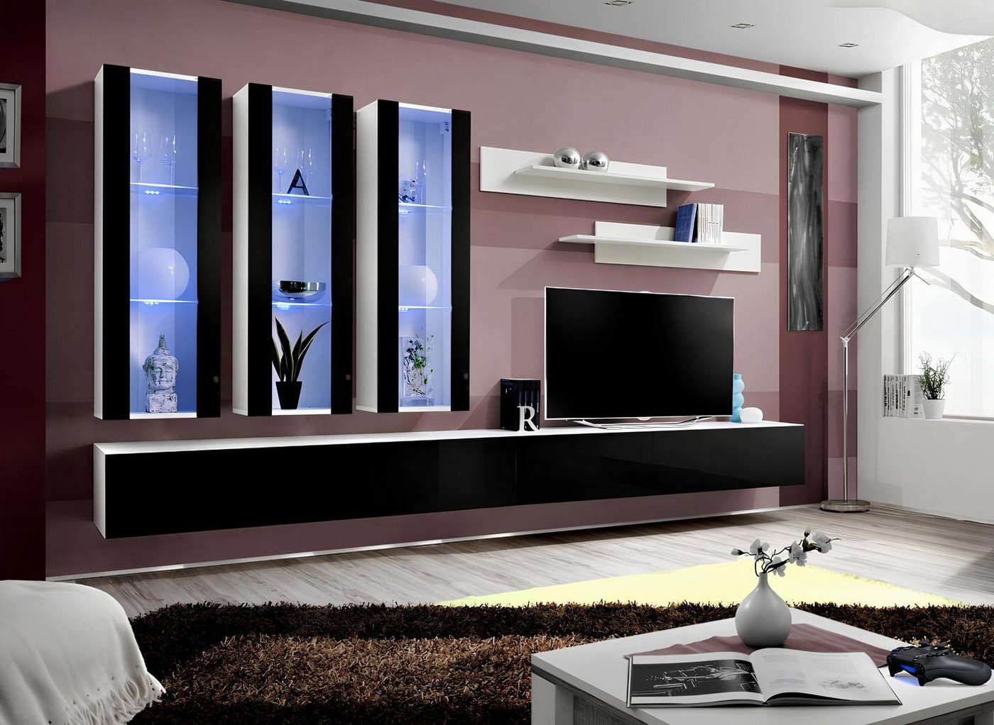 JVmoebel Wohnwand Elegante Designer Wohnwand aus Holz für das Wohnzimmer, (3-St., 1x Wohnwand + 2x TV Ständer + 3x Wandschrank + 2x Wandregal), Made in Europa von JVmoebel