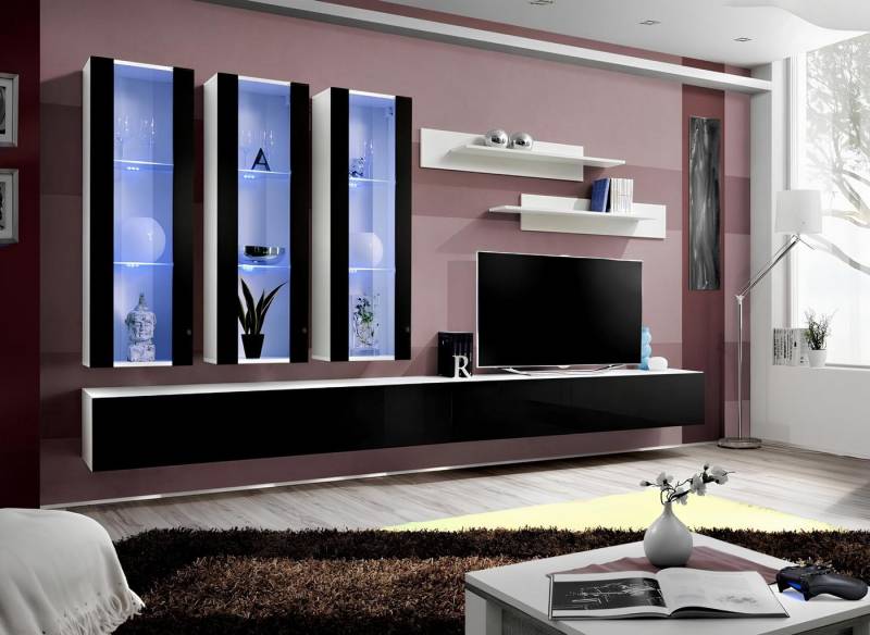 JVmoebel Wohnwand Elegante Designer Wohnwand aus Holz für das Wohnzimmer, (3-St., 1x Wohnwand + 2x TV Ständer + 3x Wandschrank + 2x Wandregal), Made in Europa von JVmoebel