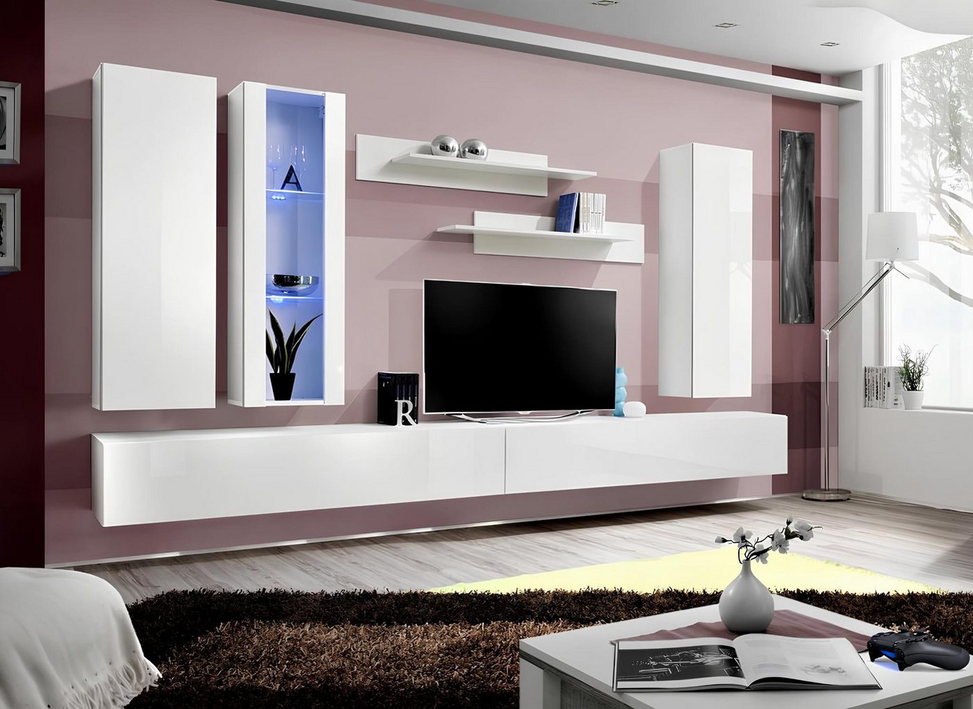 JVmoebel Wohnwand Elegante Wohnwand in Weiß für TV und Designer-Ambiente, (8-St., 1x Wohnwand+2x TV Ständer+1x Hänge Vitrine+2x Wandschrank+2x Wandregal), Made in Europa von JVmoebel