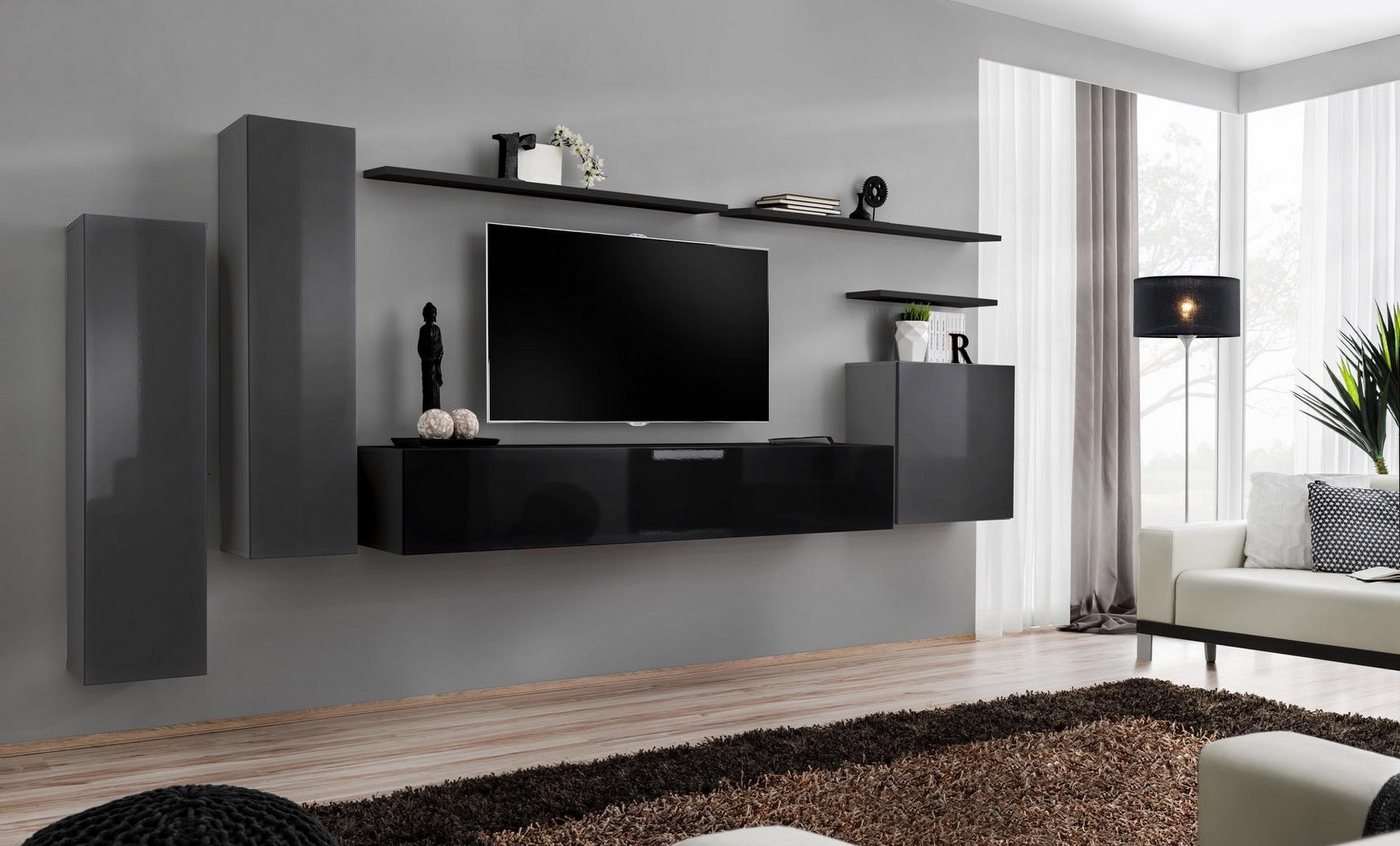 JVmoebel Wohnwand Elegante graue Wohnwand im modernen Designer-Stil für das Wohnzimmer, (8-St., 1x Wohnwand + 1x TV Ständer + 3x Wandschrank + 3x Wandregal), Made in Europa von JVmoebel