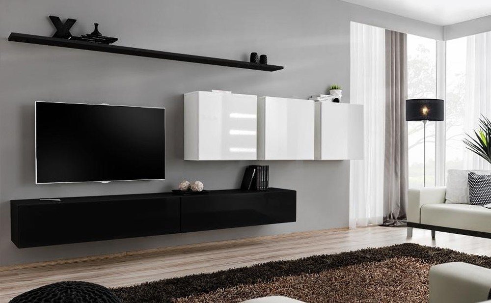 JVmoebel Wohnwand Elegante moderne Wohnwand für das Wohnzimmer in Schwarz Holzlook, (8-St., 1x Wohnwand + 2x TV Ständer + 3x Wandschrank + 2x Wandregal), Made in Europa von JVmoebel