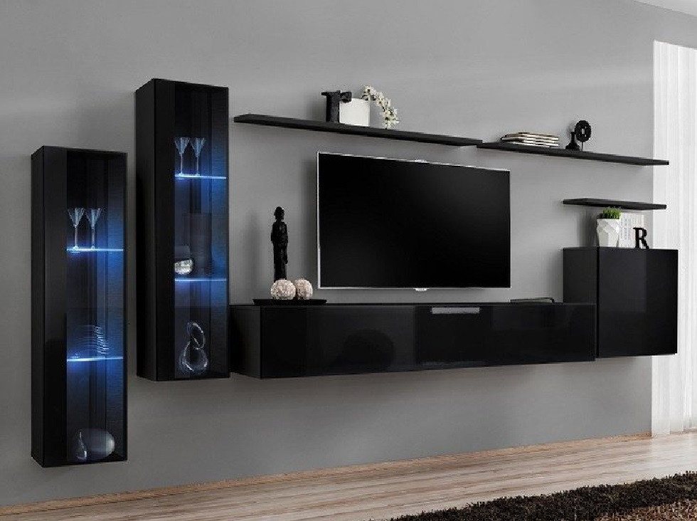 JVmoebel Wohnwand Elegante schwarze Wohnwand mit Vitrine und Regal für Wohnzimmer, (8-St., 1x Wohnwand + 1x TV Ständer + 3x Wandschrank + 3x Wandregal), Made in Europa von JVmoebel