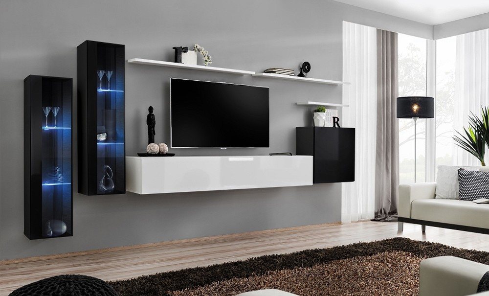 JVmoebel Wohnzimmer-Set Eleganter Wandschrank TV-Regal Vitrine für stilvolles Wohnzimmer, (8-St., 1x Wohnwand + 1x TV Ständer + 3x Wandschrank + 3x Wandregal), Made in Europa von JVmoebel