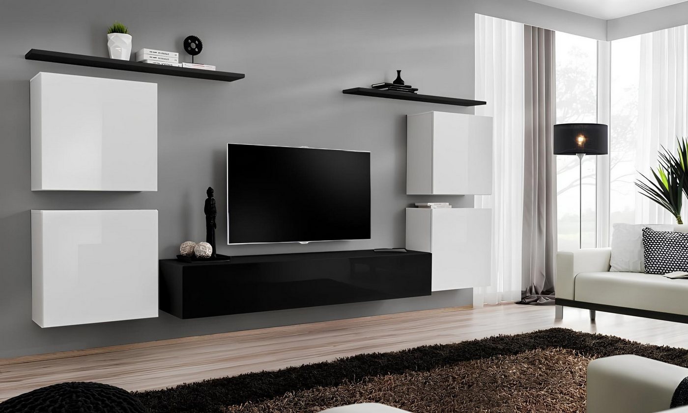 JVmoebel Wohnzimmer-Set Eleganter Weißer Wandschrank für Luxus Wohnzimmermöbel, (8-St., 1x Wohnwand + 1x TV Ständer + 4x Wandschrank + 2x Wandregal), Made in Europa von JVmoebel