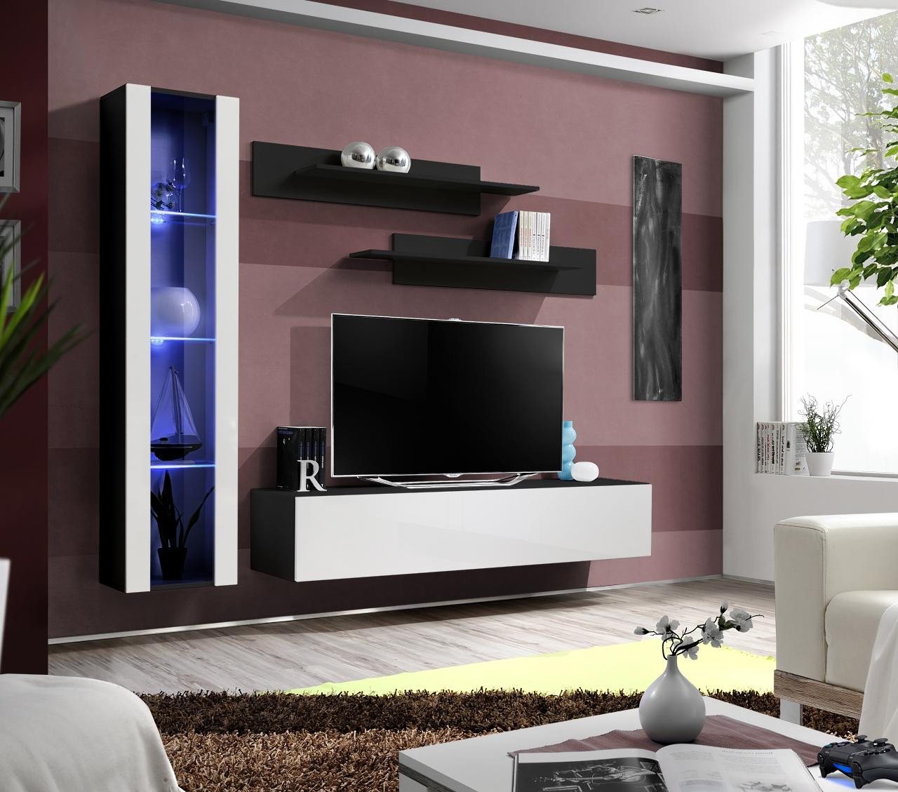 JVmoebel Wohnzimmer-Set Elegantes Wohnwand-Set in Schwarz, 4-teilig für Wohnzimmer, (5-St., 1x Wohnwand + 1x TV Ständer + 1x Hänge Vitrine + 2x Wandregale), Made in Europa von JVmoebel