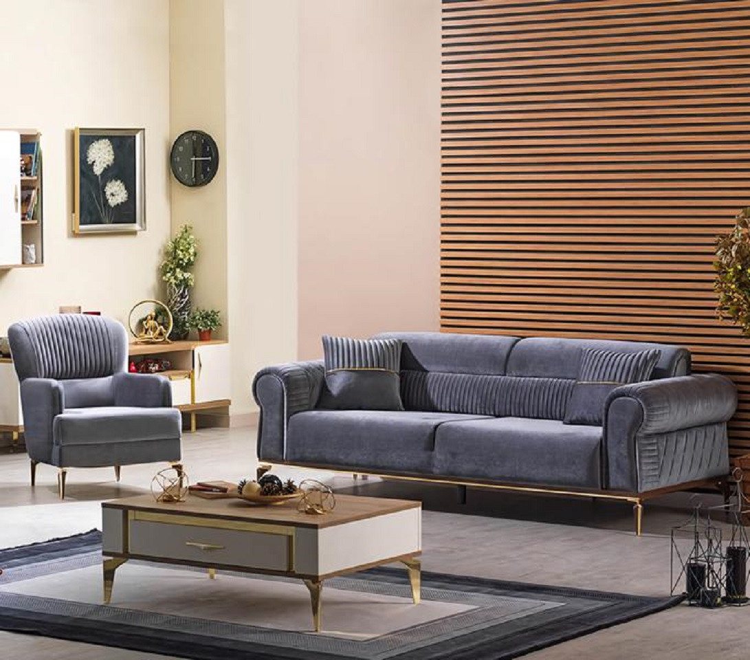 JVmoebel Polstergarnitur Grau Couch Sofa Sitzgarnitur Polstermöbel Textil, (2-tlg., 2tlg Wohnzimmer Set (Sofa 3 Sitzer + Sessel), Made in Europa von JVmoebel