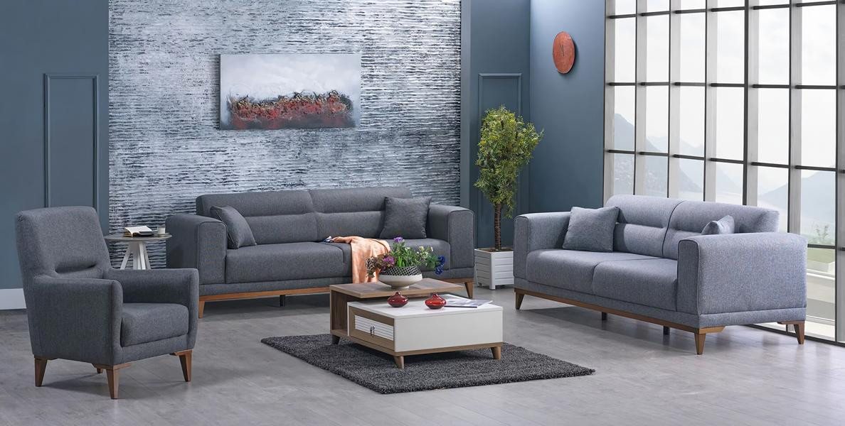 JVmoebel Polstergarnitur Grau Sofagarnitur Sofa Couch Polster Sitzgarnitur Sessel, (3-tlg., 3tlg Wohnzimmer Set (2x Sofa 3 Sitzer + Sessel), Made in Europa von JVmoebel