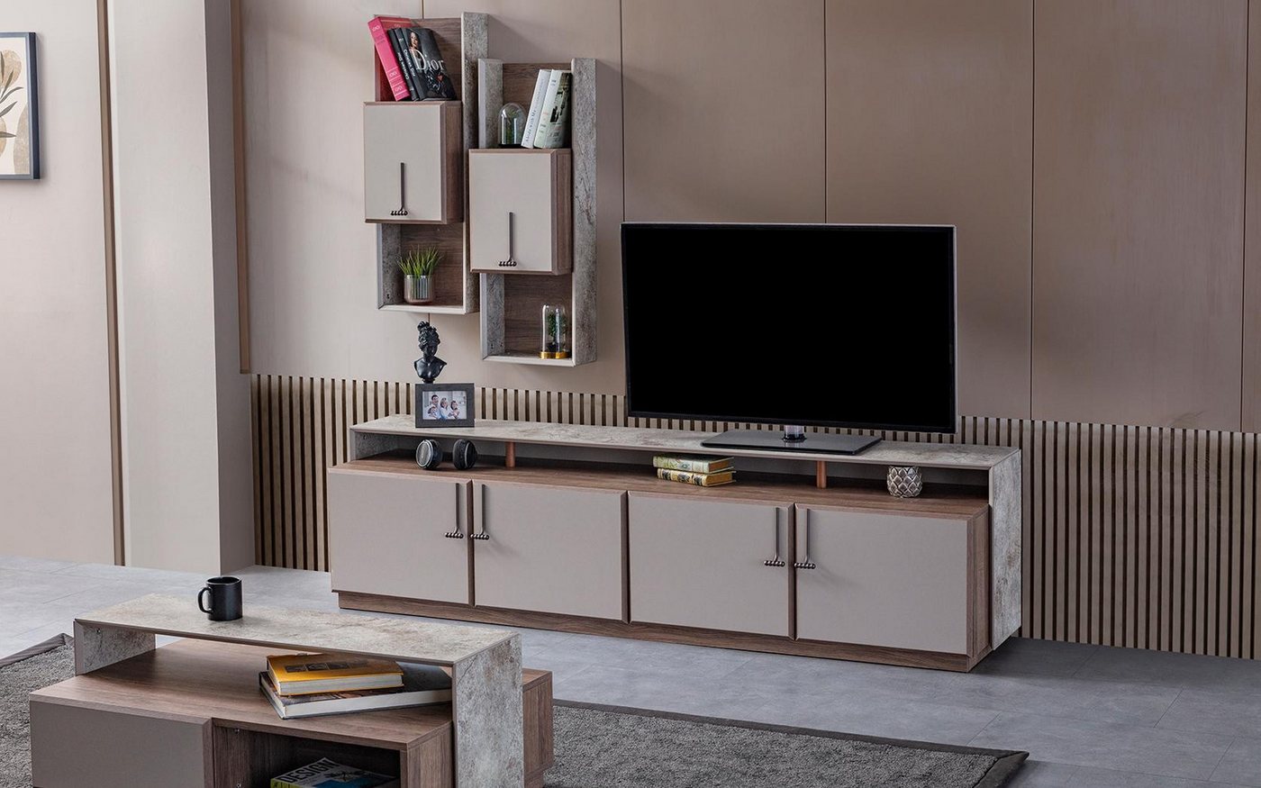 JVmoebel Wohnzimmer-Set Grau TV Lowboard Wandschrank Sideboard für das Wohnzimmer, (2-St., 1x TV Ständer + 1x Wandschränke), Made in Europa von JVmoebel