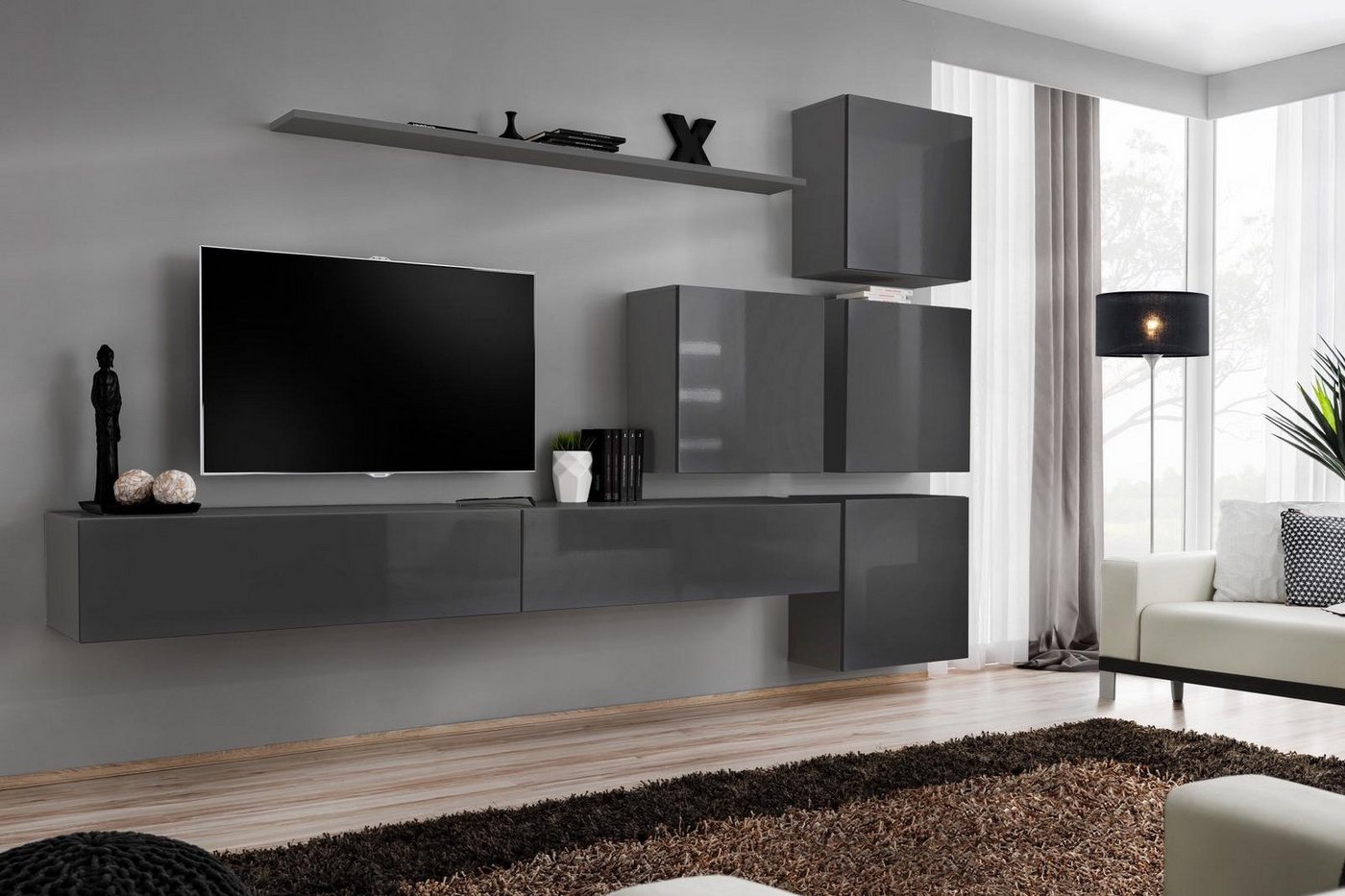 JVmoebel Wohnwand Grau Wohnwand im modernen Design für das Wohnzimmer Luxus-TV-Ständer, (8-St., 1x Wohnwand + 2x TV Ständer + 4x Wandschrank + 1x Wandregal), Made in Europa von JVmoebel