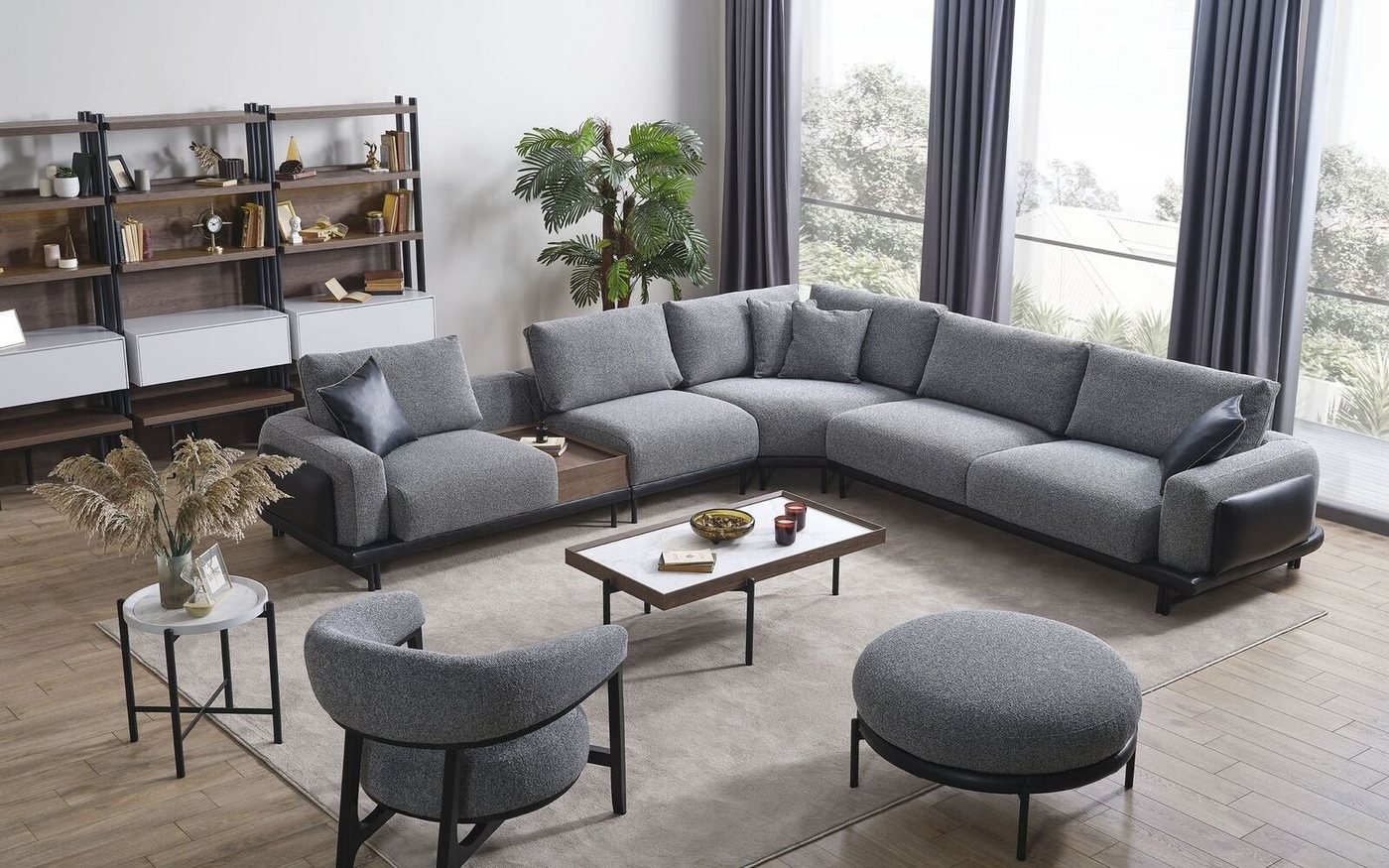 JVmoebel Wohnzimmer-Set Graue Wohnzimmer Garnitur Luxus Ecksofa L-Form Couch Couchtisch Hocker, (5-St., 1x Ecksofa L-Form+1x Sessel+1x Couchtisch+1x Hocker+1x Beistelltisch), Made in Europa von JVmoebel