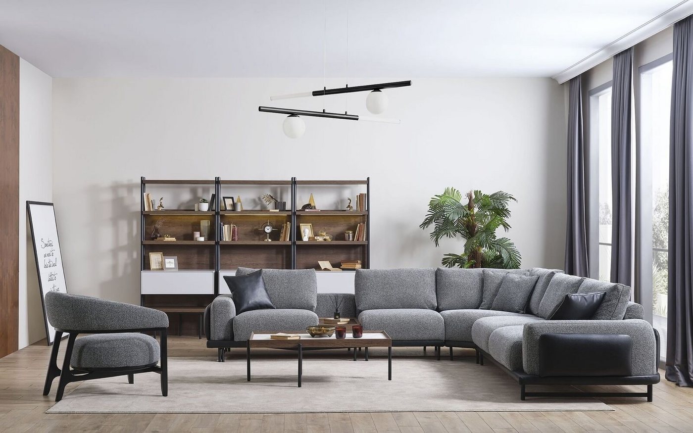 JVmoebel Wohnzimmer-Set Graues Polster Ecksofa Designer Textil Sessel Wohnzimmer Luxus, (3-St., 1x Ecksofa L-Form + 1x Sessel + 1x Couchtisch), Made in Europa von JVmoebel