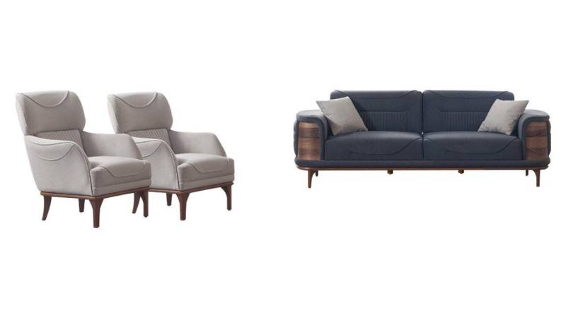 JVmoebel Sofa Graues Sofa komplett mit 2 weißen Sessel luxuriöser gepolsterter, 3 Teile, Made in Europa von JVmoebel